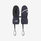 Navy ski mittens connected with a buckle, against a white background. One mitten has a textured palm, and the other has a white stripe detail.